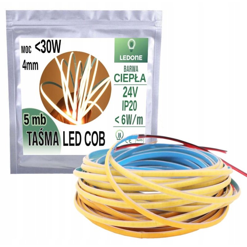 Taśma LED COB WĄSKA 4mm 24V neon linia biały ciepły 5mb