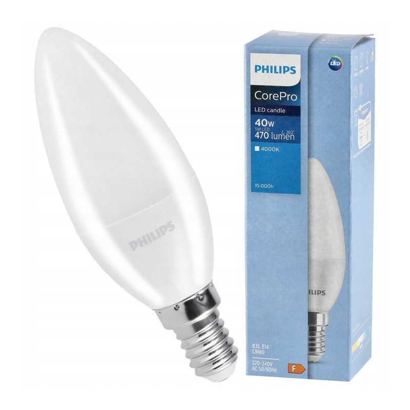 Żarówka LED E14 PHILIPS 5W  40W 470lm Barwa 4000k Świeczka Corepro Premium
