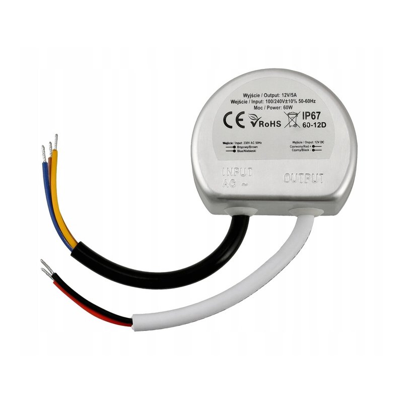 Zasilacz do puszki fi60 do taśm LED 12V 60W 5A dopuszkowy IP67 hermetyk