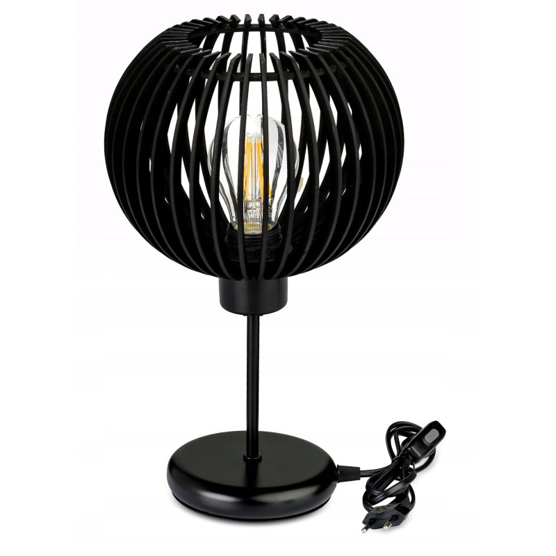 LAMPKA NOCNA LAMPA STOŁOWA CZARNA loft na led E27 KLOSZ DREWNO CZARNE